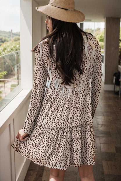 loose leopard print v neck dress drop shoulder a line closed cape paneled 115538