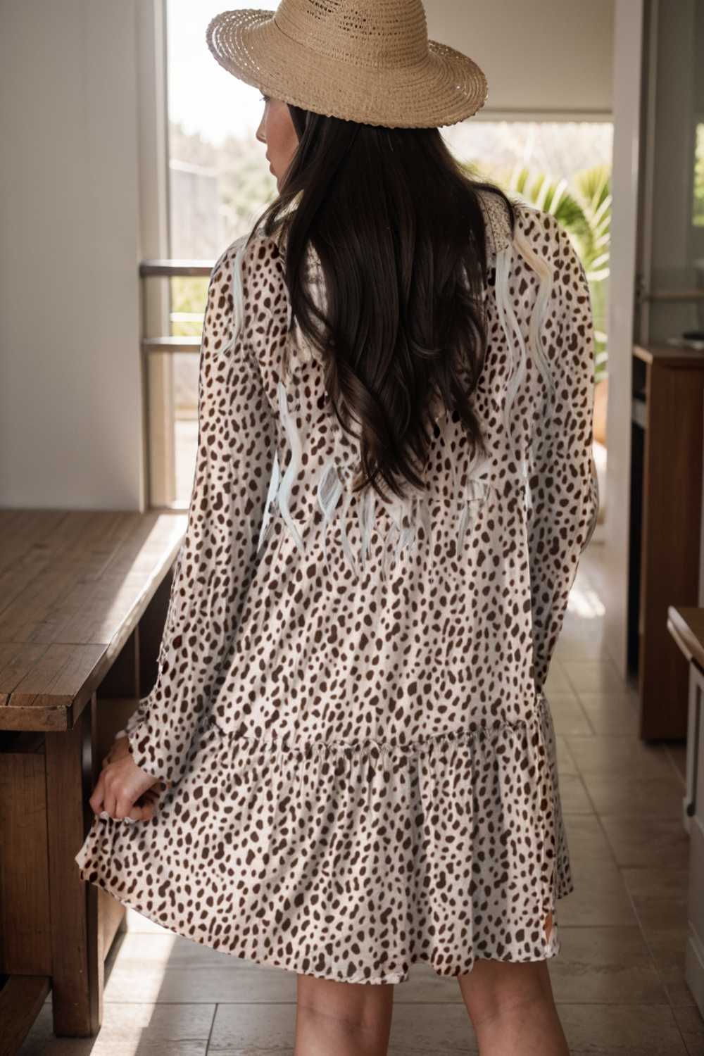 loose leopard print v neck dress drop shoulder a line closed cape paneled 106643