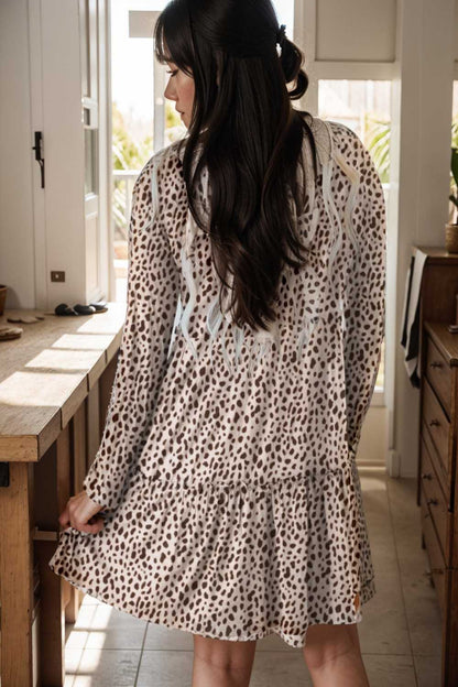 loose leopard print v neck dress drop shoulder a line closed cape paneled 106642