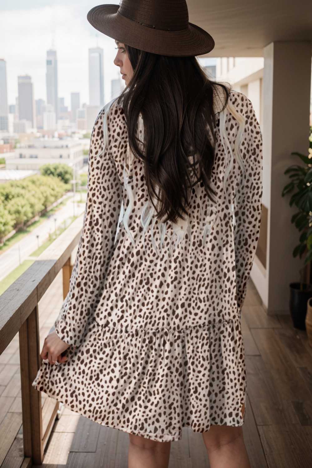 loose leopard print v neck dress drop shoulder a line closed cape paneled 105127