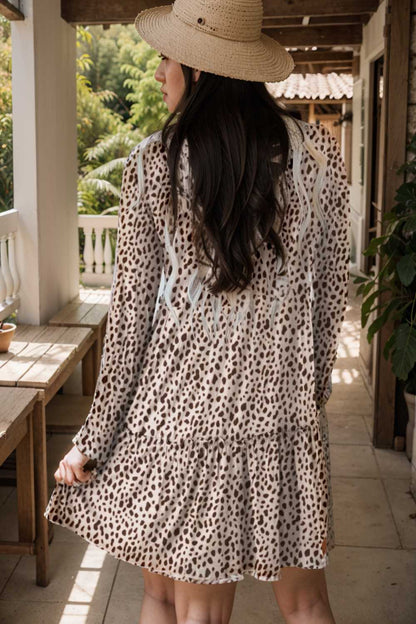 loose leopard print v neck dress drop shoulder a line closed cape paneled 106432