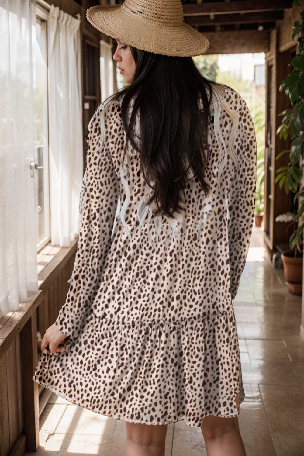 loose leopard print v neck dress drop shoulder a line closed cape paneled 133161