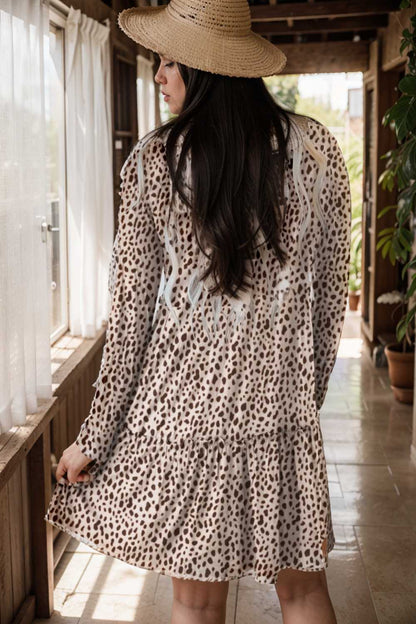 loose leopard print v neck dress drop shoulder a line closed cape paneled 133161
