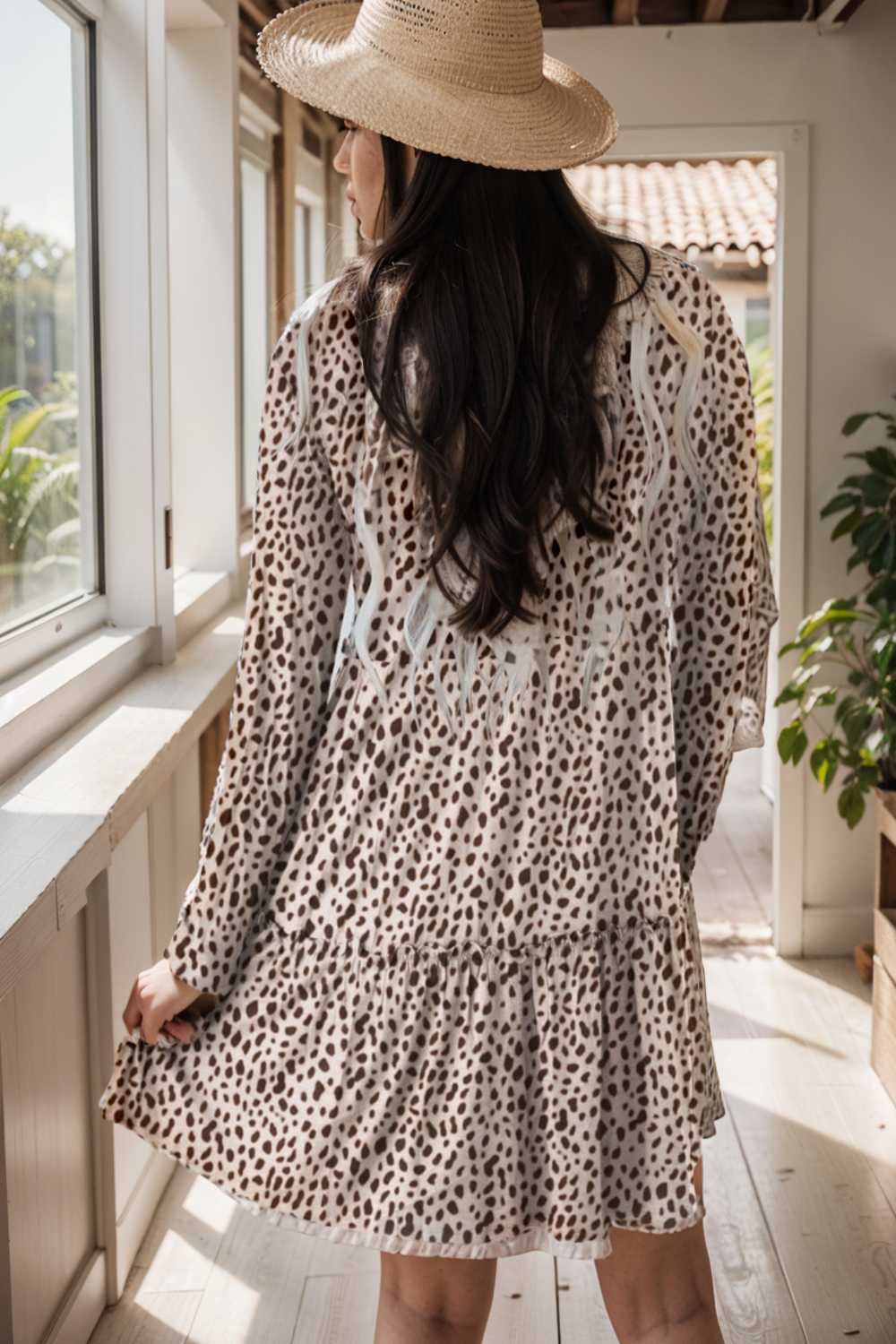 loose leopard print v neck dress drop shoulder a line closed cape paneled 106431