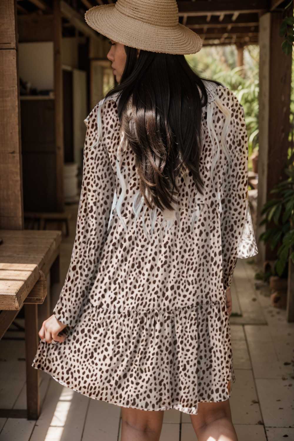 loose leopard print v neck dress drop shoulder a line closed cape paneled 106430