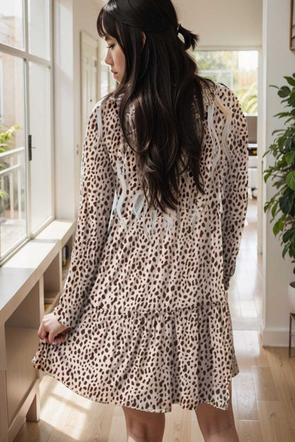 loose leopard print v neck dress drop shoulder a line closed cape paneled 127533