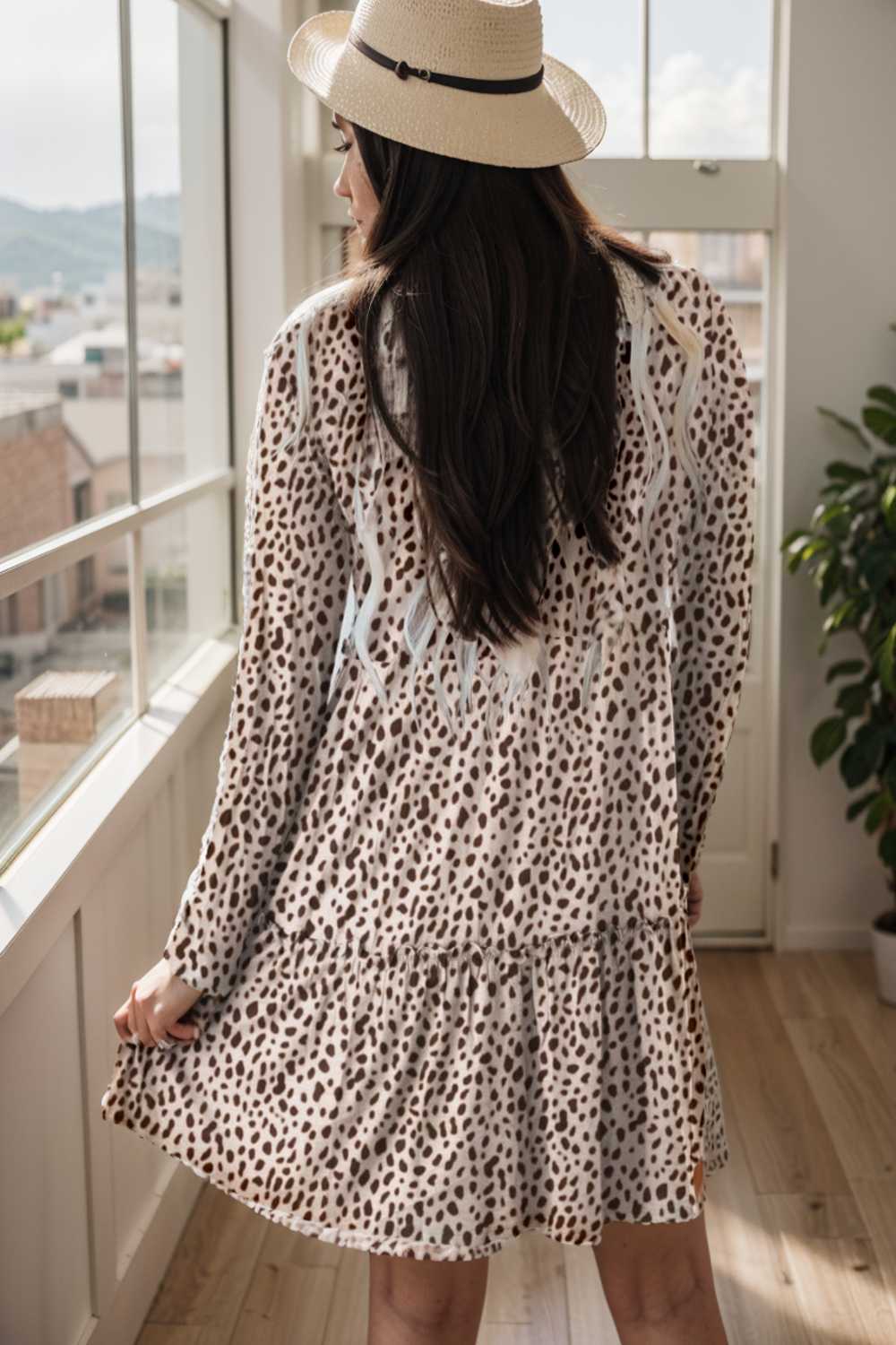 loose leopard print v neck dress drop shoulder a line closed cape paneled 106429