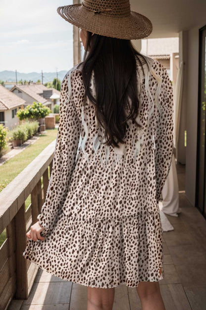 loose leopard print v neck dress drop shoulder a line closed cape paneled 105124