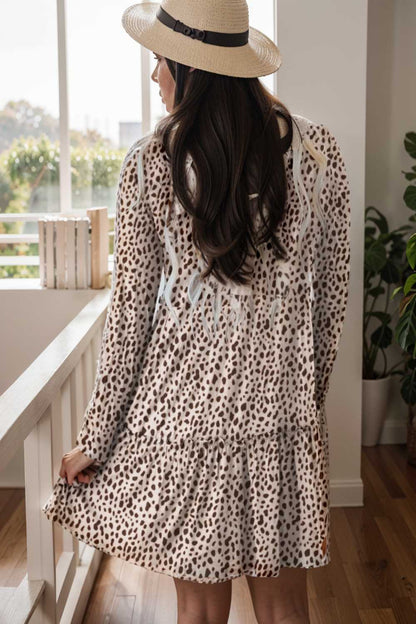 loose leopard print v neck dress drop shoulder a line closed cape paneled 141876