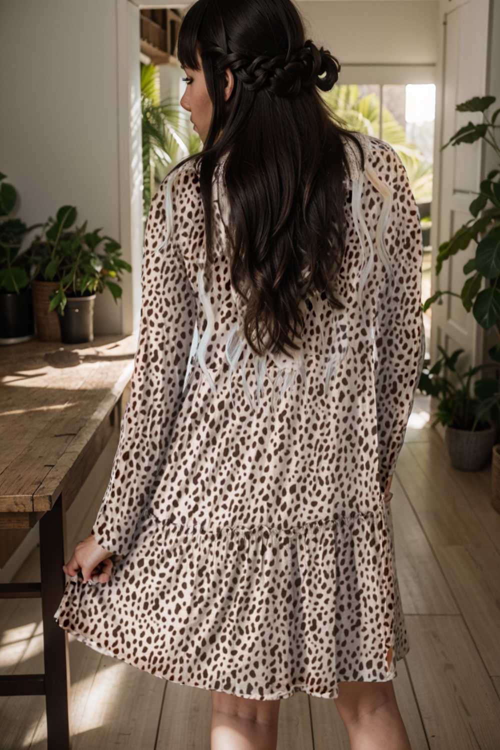 loose leopard print v neck dress drop shoulder a line closed cape paneled 106428