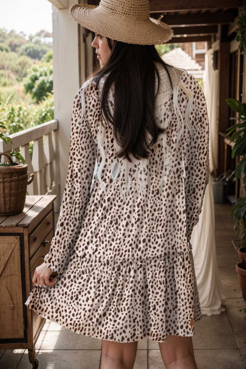loose leopard print v neck dress drop shoulder a line closed cape paneled 105123