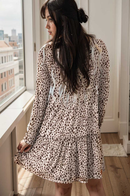 loose leopard print v neck dress drop shoulder a line closed cape paneled 133298
