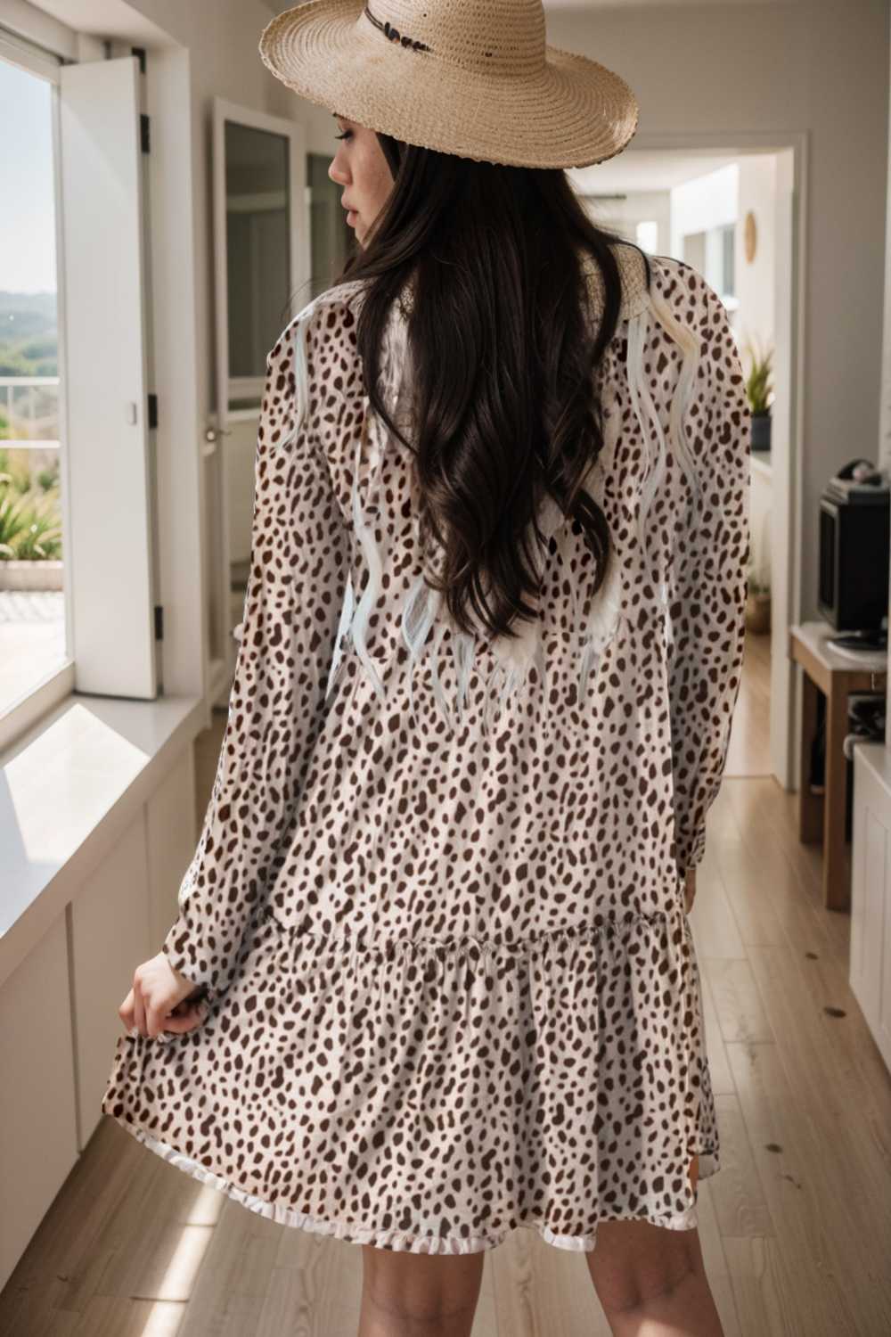 loose leopard print v neck dress drop shoulder a line closed cape paneled 106427