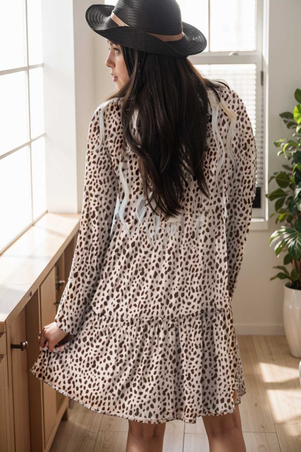 loose leopard print v neck dress drop shoulder a line closed cape paneled 105122