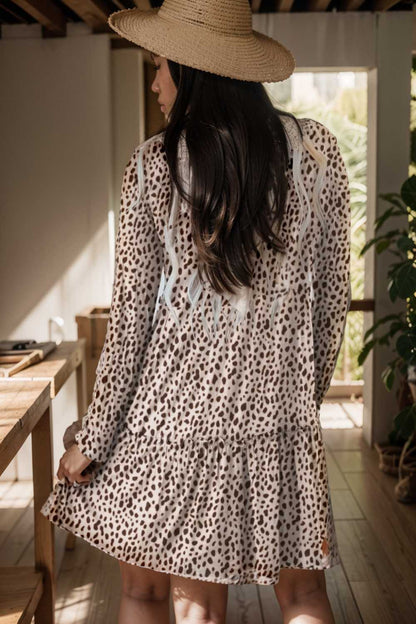 loose leopard print v neck dress drop shoulder a line closed cape paneled 127473