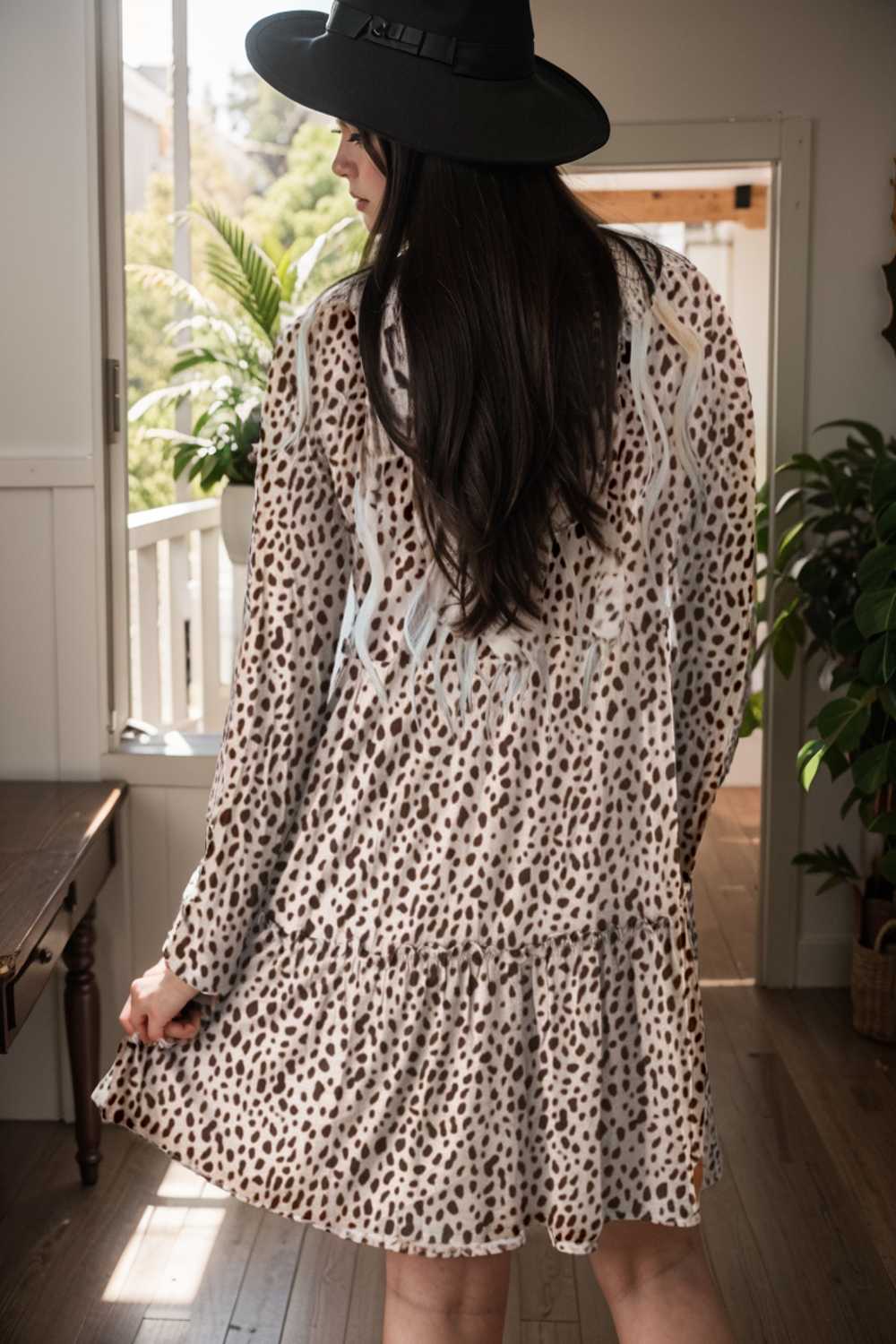 loose leopard print v neck dress drop shoulder a line closed cape paneled 105121