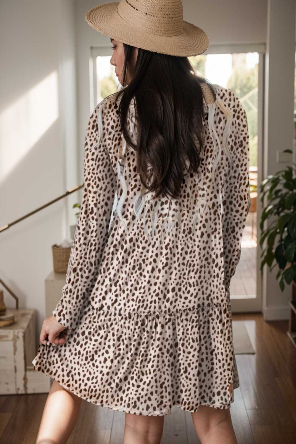 loose leopard print v neck dress drop shoulder a line closed cape paneled 129595