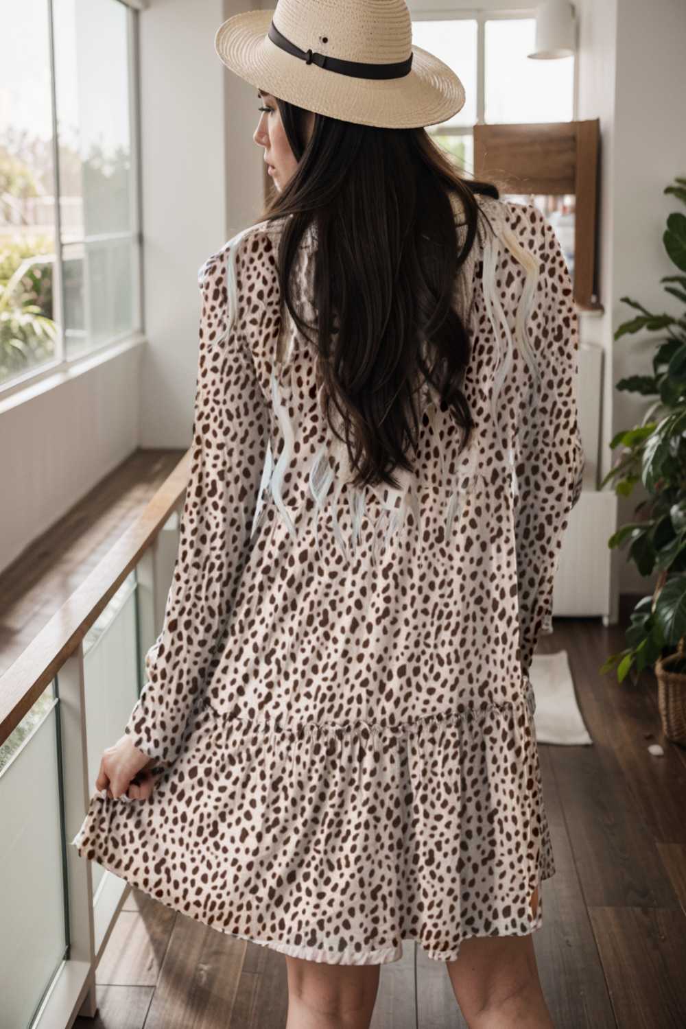 loose leopard print v neck dress drop shoulder a line closed cape paneled 106426