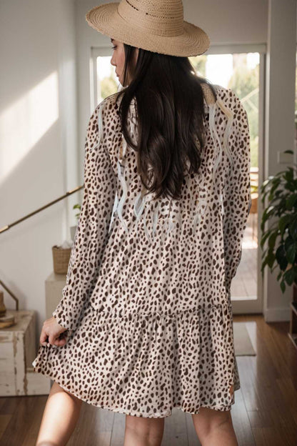 loose leopard print v neck dress drop shoulder a line closed cape paneled 141874