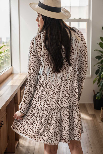 loose leopard print v neck dress drop shoulder a line closed cape paneled 127137