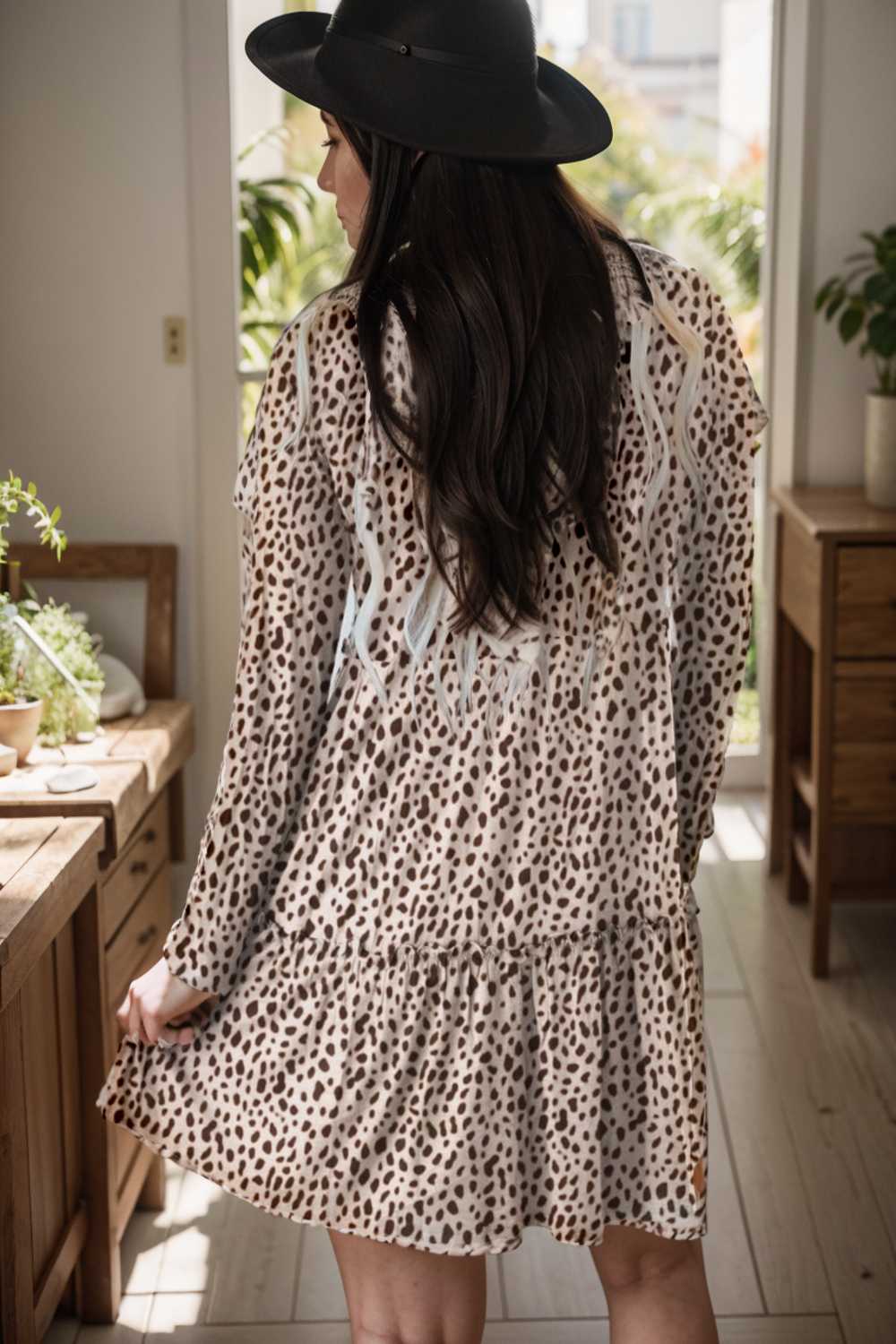 loose leopard print v neck dress drop shoulder a line closed cape paneled 106425