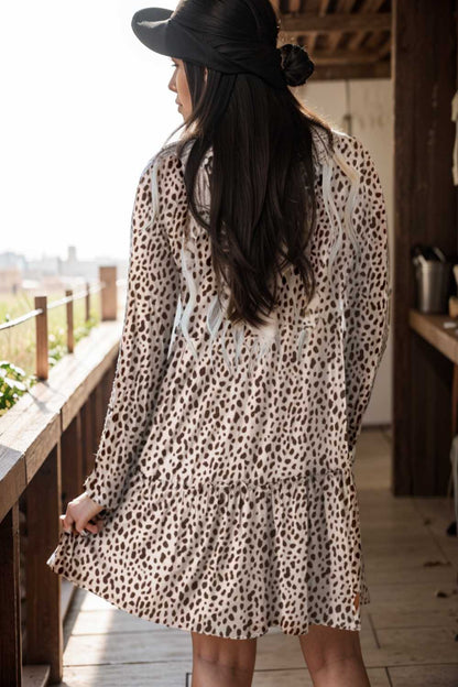 loose leopard print v neck dress drop shoulder a line closed cape paneled 127136