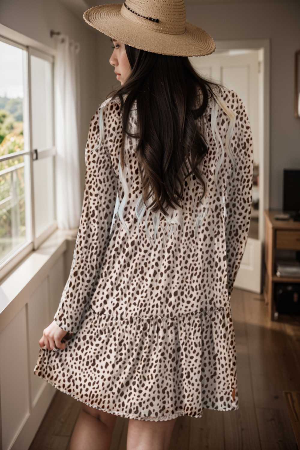 loose leopard print v neck dress drop shoulder a line closed cape paneled 127471
