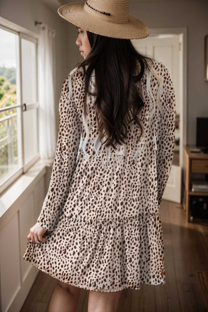 loose leopard print v neck dress drop shoulder a line closed cape paneled 127471