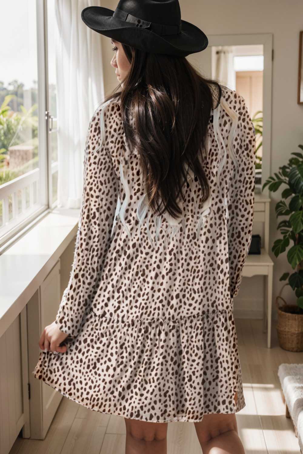 loose leopard print v neck dress drop shoulder a line closed cape paneled 106424