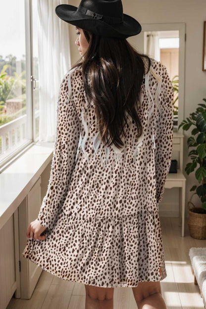 loose leopard print v neck dress drop shoulder a line closed cape paneled 106424