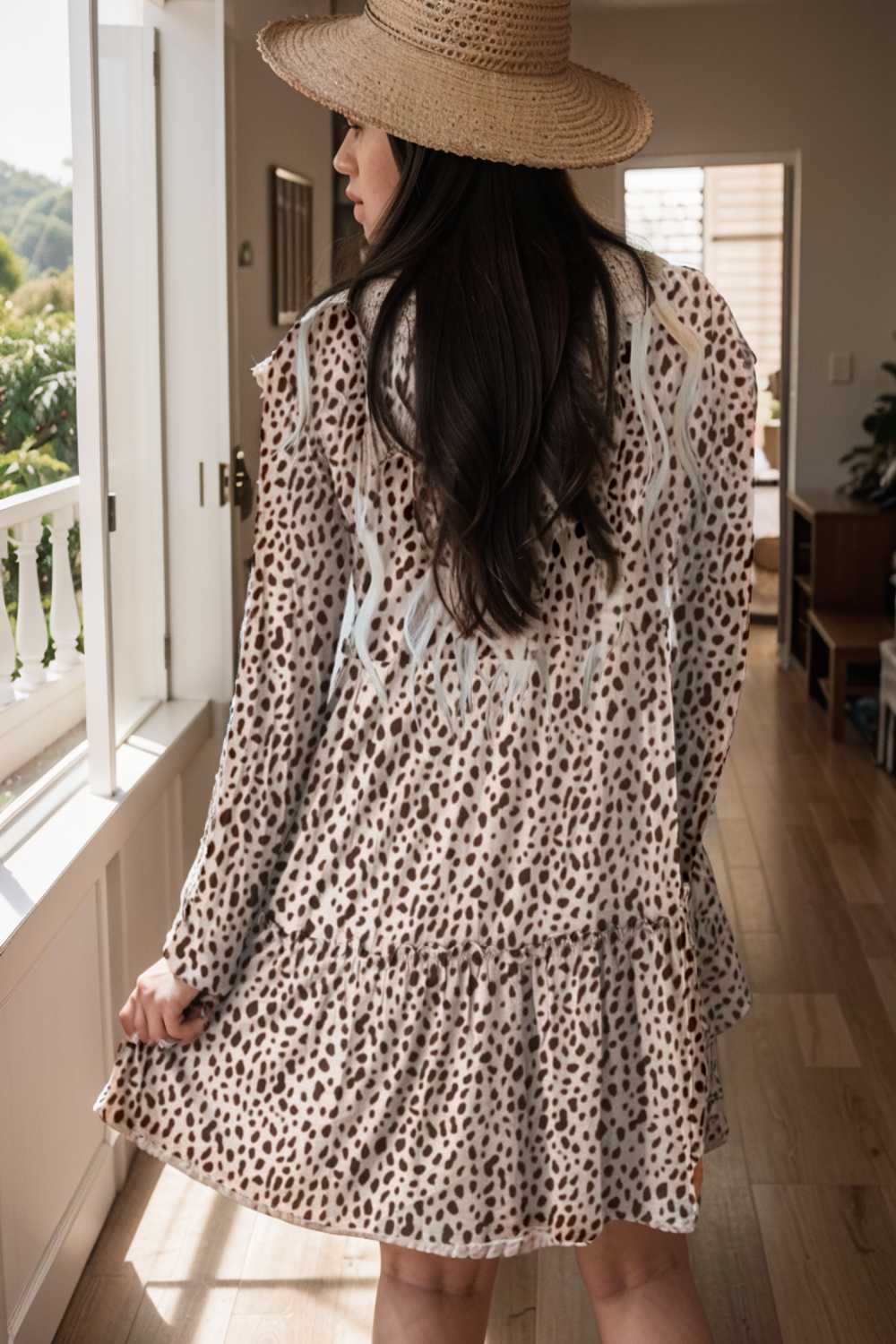 loose leopard print v neck dress drop shoulder a line closed cape paneled 106423