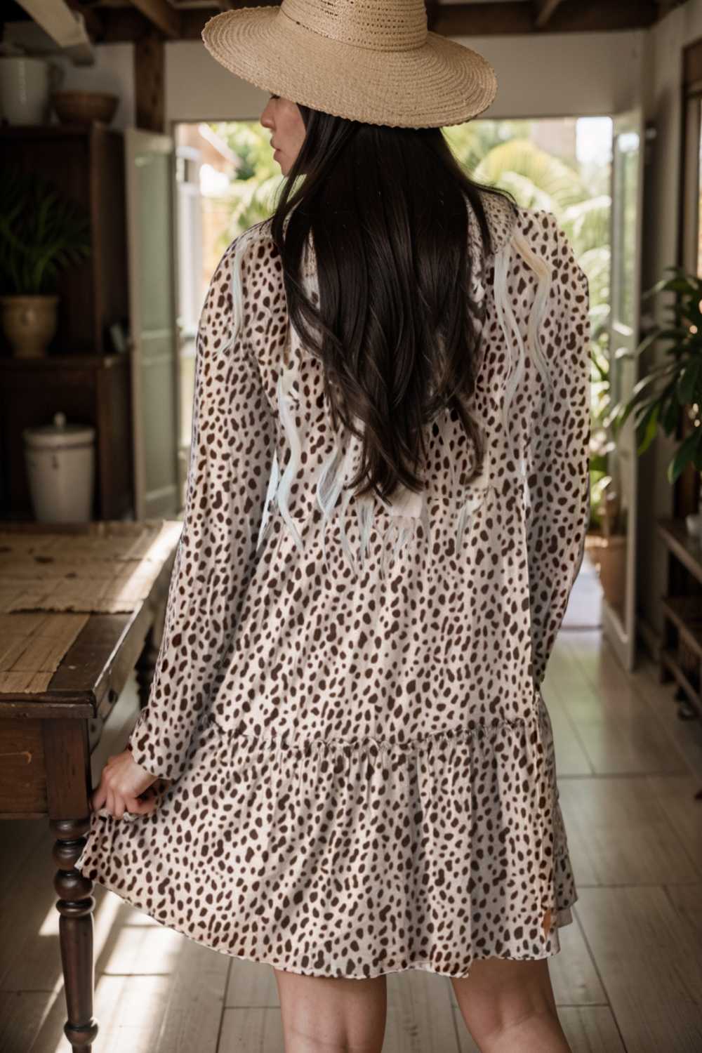 loose leopard print v neck dress drop shoulder a line closed cape paneled 127135