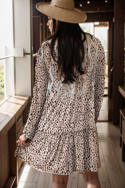 loose leopard print v neck dress drop shoulder a line closed cape paneled 127134