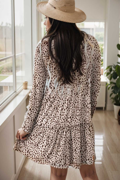 loose leopard print v neck dress drop shoulder a line closed cape paneled 127469