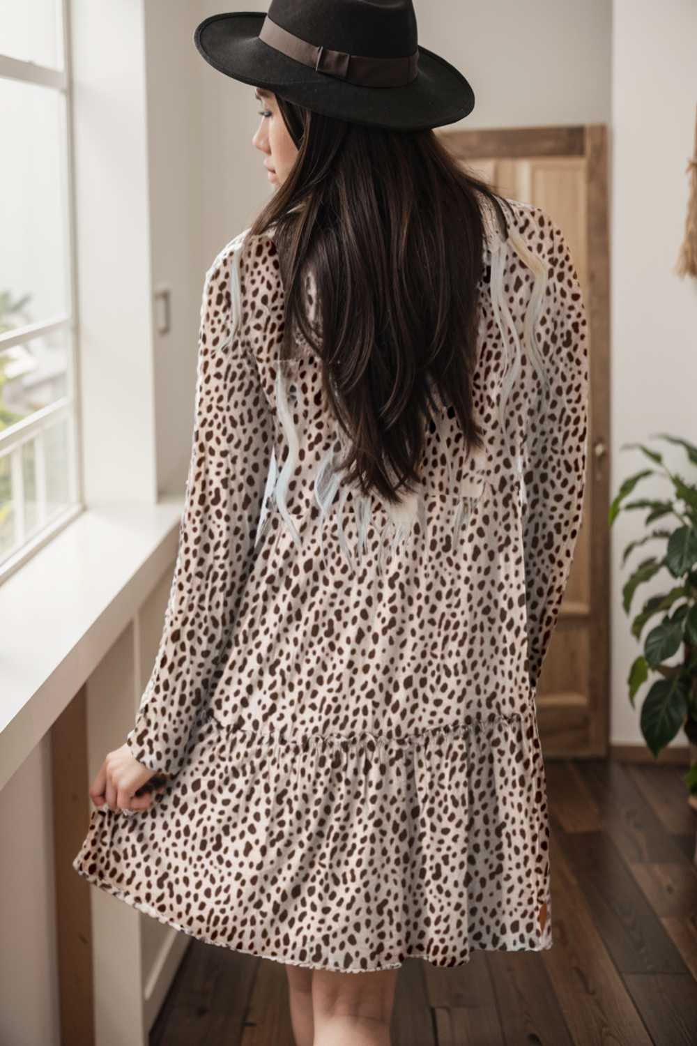 loose leopard print v neck dress drop shoulder a line closed cape paneled 106422