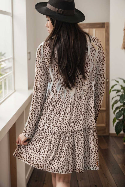 loose leopard print v neck dress drop shoulder a line closed cape paneled 106422