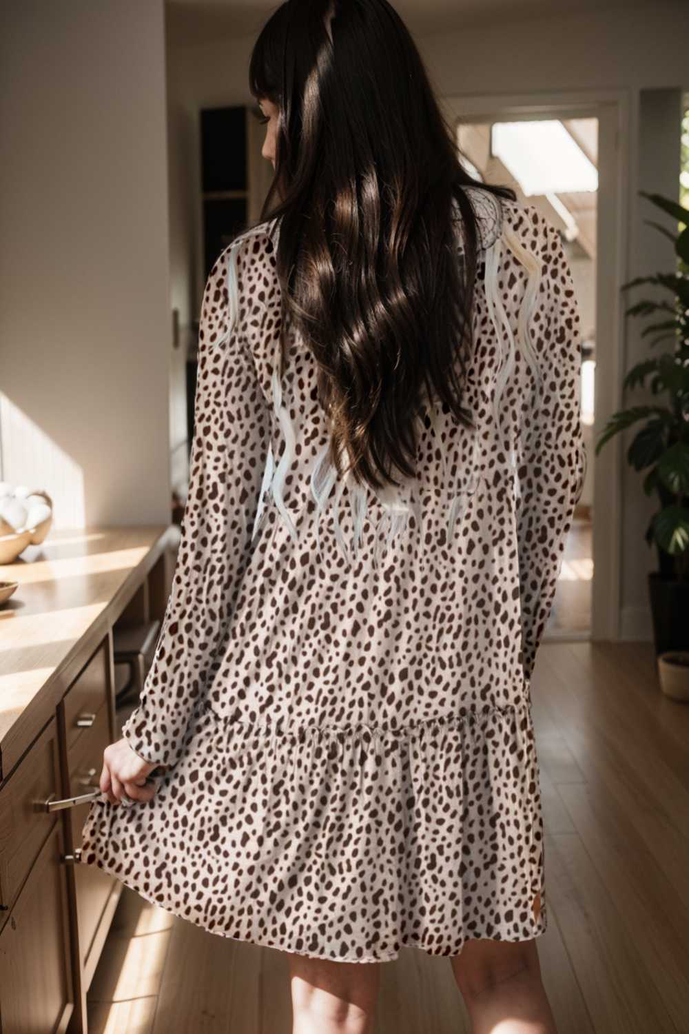loose leopard print v neck dress drop shoulder a line closed cape paneled 106421