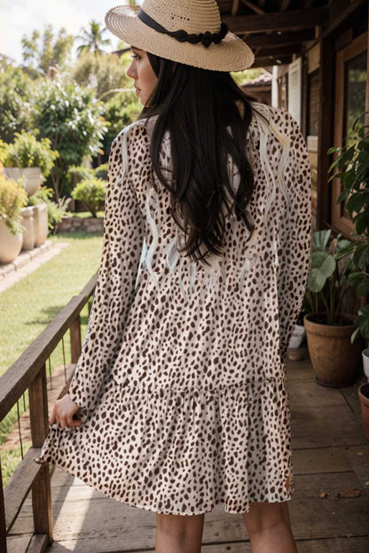 loose leopard print v neck dress drop shoulder a line closed cape paneled 127468