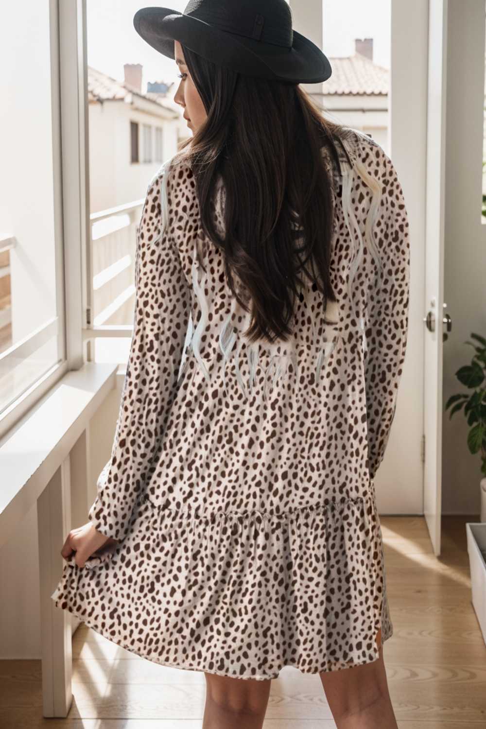 loose leopard print v neck dress drop shoulder a line closed cape paneled 106420