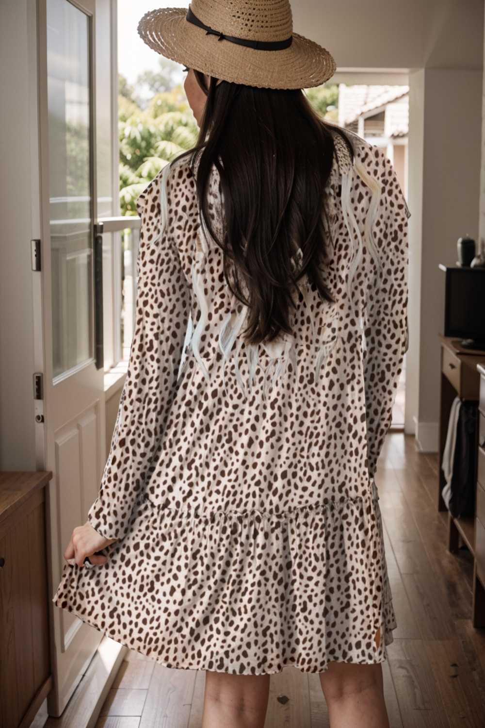 loose leopard print v neck dress drop shoulder a line closed cape paneled 127466
