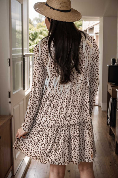 loose leopard print v neck dress drop shoulder a line closed cape paneled 127466
