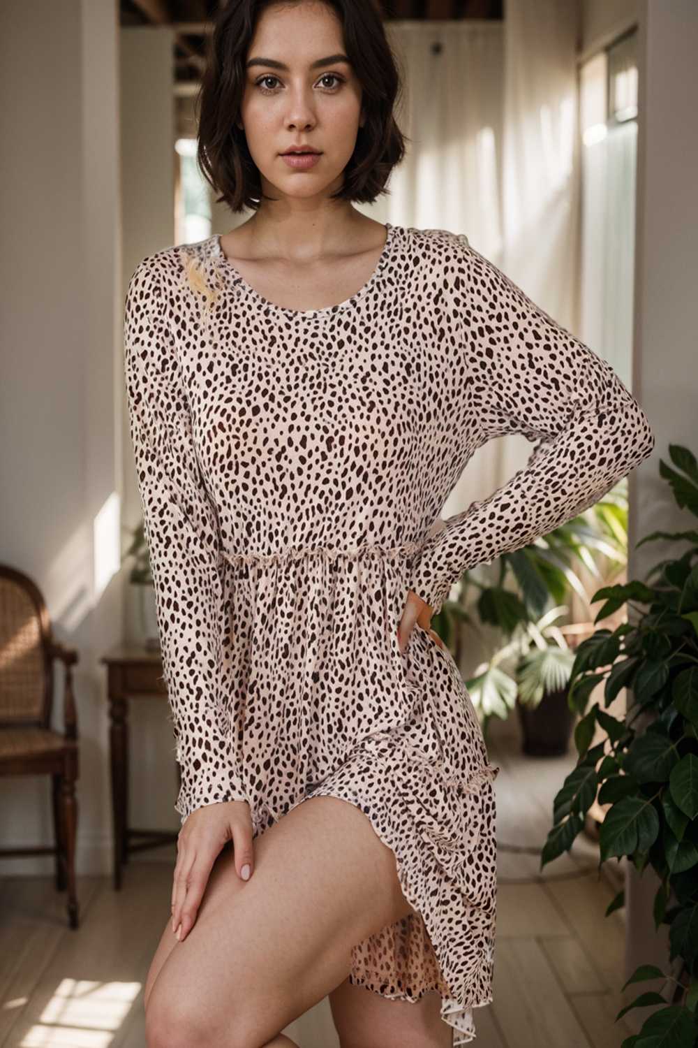 loose leopard print v neck dress drop shoulder a line closed cape paneled 107669