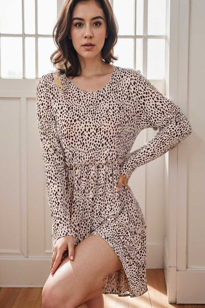 loose leopard print v neck dress drop shoulder a line closed cape paneled 126202