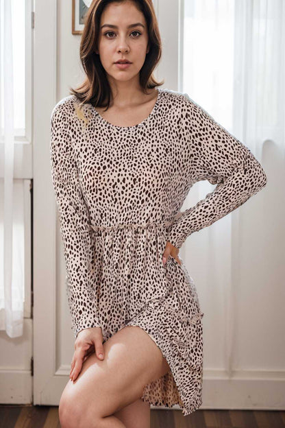 loose leopard print v neck dress drop shoulder a line closed cape paneled 138942