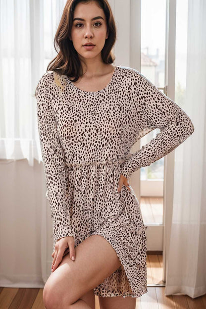 loose leopard print v neck dress drop shoulder a line closed cape paneled 136568