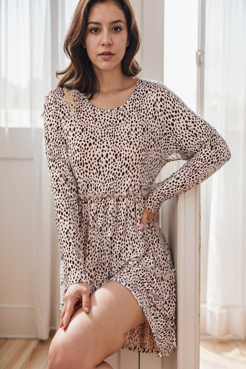 loose leopard print v neck dress drop shoulder a line closed cape paneled 105120