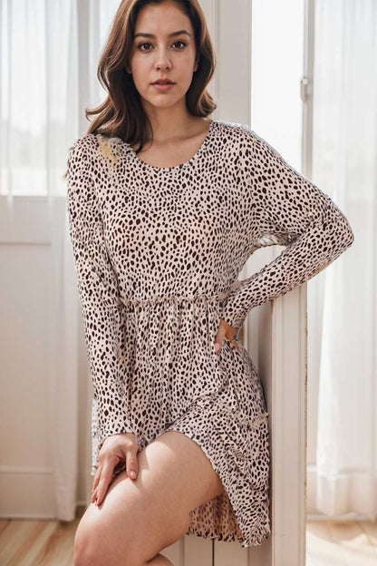 loose leopard print v neck dress drop shoulder a line closed cape paneled 105120