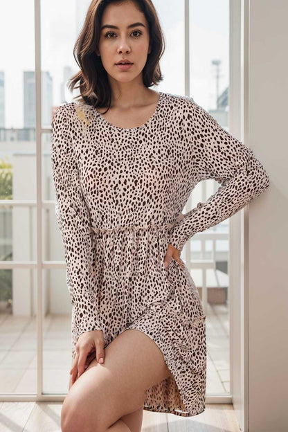 loose leopard print v neck dress drop shoulder a line closed cape paneled 114310