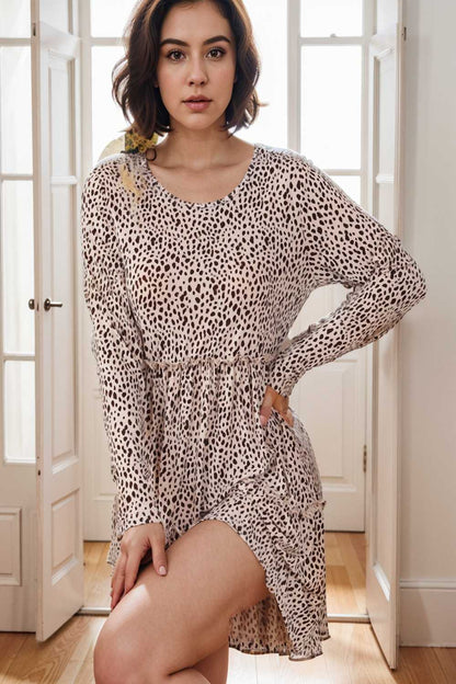 loose leopard print v neck dress drop shoulder a line closed cape paneled 110873