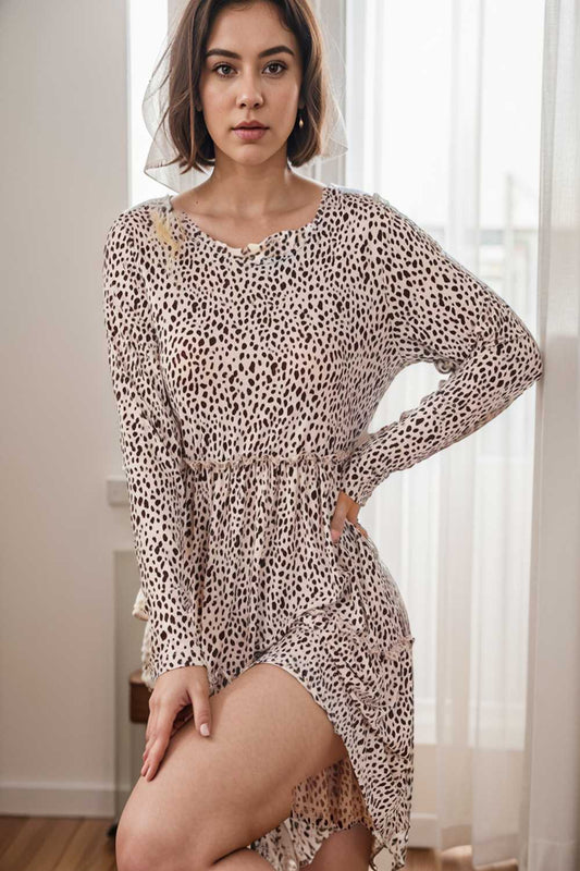 loose leopard print v neck dress drop shoulder a line closed cape paneled 112740